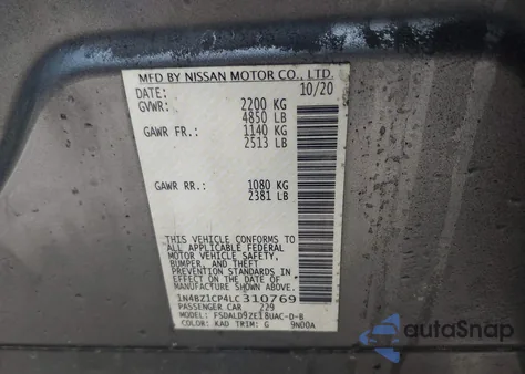 2020 Nissan Leaf Sv Plus 62 Kwh из США, поврежденный, VIN 1N4BZ1CP4LC310769